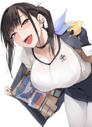 1girl black_choker blue_skirt blue_suit blush breasts brown_hair choker cleavage collarbone formal_clothes goddess_of_victory:_nikke highres jacket large_breasts looking_at_viewer medium_hair open_clothes open_jacket open_mouth pantyhose red_eyes shirt skirt solo sora_(nikke) suit twintails white_background white_pantyhose white_shirt zekkyon