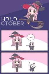 1girl ^_^ absurdres adapted_costume arms_up blush_stickers broom broom_riding closed_eyes commentary deadbeat_(mori_calliope) english_commentary gun haori hat hat_ribbon highres hololive hololive_english japanese_clothes mori_calliope mori_calliope_(1st_costume) mpien pink_hair ribbon scythe shotgun sidesaddle smile virtual_youtuber wand weapon witch_hat