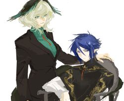 1boy 1girl absurdres alternate_costume arknights black_suit blue_hair chinese_commentary closed_mouth feathered_wings formal_clothes friends green_eyes green_hair hair_between_eyes head_wings highres ho&#039;olheyak_(arknights) long_sleeves short_hair sitting snake_girl snake_tail standing suit tail wavy_hair wings wisheverydayfine zuo_le_(arknights)