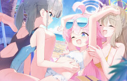 &gt;_&lt; 3girls ahoge back_cutout barefoot beach bikini blue_archive blue_eyes blue_innertube blue_one-piece_swimsuit breasts brown_hair clothing_cutout eyewear_on_head feet green_halo grey_hair halo highres hoshino_(blue_archive) hoshino_(swimsuit)_(blue_archive) large_breasts laughing long_hair multiple_girls nonomi_(blue_archive) nonomi_(swimsuit)_(blue_archive) ocean official_alternate_costume one-piece_swimsuit open_mouth outdoors painter-lhb pink_hair pink_halo school_swimsuit shiroko_(blue_archive) shiroko_(swimsuit)_(blue_archive) short_hair small_breasts soles spoken_expression stomach sunglasses swimsuit tickling toes white_bikini yellow_bikini yuri
