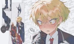 1boy 1other bad_id bad_twitter_id black_coat black_gloves black_shoes blonde_hair blush close-up coat commentary dante_(limbus_company) flustered gloves halberd highres holding holding_weapon inactive_account korean_commentary korean_text male_focus maratang nervous_sweating object_head open_mouth polearm project_moon red_coat shoes sinclair_(project_moon) speech_bubble sweat weapon wide-eyed yellow_eyes