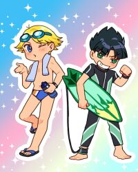 Rule 34 | 2boys, aitommylove, antenna hair, bad link, black hair, black wetsuit, blonde hair, blowing kiss, blue eyes, blue swim briefs, blunt bangs, boomer (ppg), bottle, brothers, butch (ppg), clenched hand, goggles, goggles on head, gradient background, green eyes, grin, highres, holding, holding surfboard, looking at viewer, male swimwear, multiple boys, one eye closed, open hand, parted bangs, powerpuff girls, rowdyruff boys, sandals, siblings, side-by-side, smile, spiked hair, star (symbol), surfboard, swim briefs, teeth, water bottle