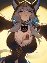 1girl :q animal_ear_fluff animal_ear_hood animal_ears between_breasts blue_eyes blush breasts cat_ears cipher_(honkai:_star_rail) cleavage commentary distr fake_animal_ears grey_hair highres honkai:_star_rail honkai_(series) hood hood_up large_breasts long_hair looking_at_viewer mole mole_on_breast solo star_rail_special_pass_(honkai:_star_rail) sweat tongue tongue_out