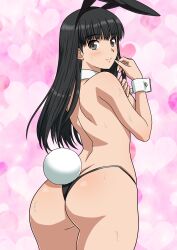 1girl absurdres amagami animal_ears ass ayatsuji_tsukasa black_hair black_panties breasts closed_mouth detached_collar fake_animal_ears fake_tail female_focus highres leotard long_hair looking_at_viewer panties playboy_bunny rabbit_ears rabbit_tail smile solo sweat tail thong topless_female underwear wrist_cuffs yuuyuu_(3jjbn)