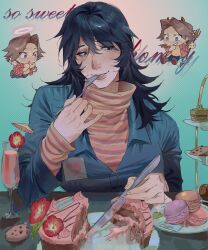 1girl 2boys angel_wings anya_(mouthwashing) black_eyes black_hair blue_background blue_jacket blue_pants boots brown_boots brown_eyes brown_hair cake cake_slice collared_shirt commentary cookie cup daisuke_(mouthwashing) demon_horns demon_tail demon_wings drink drinking_glass dual_persona eating english_commentary english_text fingernails floral_print flower flying food fork full_body hair_between_eyes halo hawaiian_shirt heart heart_print highres holding holding_fork holding_knife holding_weapon horns jacket knife kugai697139 lapels leaf lips long_hair long_sleeves looking_at_another macaron mini_person miniboy mole mole_under_eye mouthwashing multicolored_sweater multiple_boys open_clothes open_mouth open_shirt orange_shirt pants pink_halo pink_shirt plate polearm pony_express_uniform puffy_long_sleeves puffy_sleeves red_flower shirt short_hair sidelocks simple_background smile sparkle striped_clothes striped_sweater sweater t-shirt table tail tan teeth trident turtleneck turtleneck_sweater umbrella weapon wings