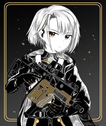 1girl absurdres black_gloves closed_mouth commentary english_commentary expressionless f4_u girls&#039;_frontline girls&#039;_frontline_2:_exilium gloves grey_hair gun hair_ornament hairpin highres kriss_vector limited_palette looking_at_viewer short_hair solo submachine_gun vector_(girls&#039;_frontline) vector_(girls&#039;_frontline_2) weapon yellow_eyes