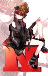alternate_costume alternate_hairstyle bad_link black_coat black_hair black_hat black_shirt black_skirt coat crest family_crest fate/grand_order fate/type_redline fate_(series) hat highres long_hair looking_at_viewer military_hat oda_nobunaga_(fate) oda_uri red_eyes shirt sitting skirt thighs very_long_hair yui_(tamagohan)