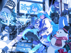 acoustic_guitar aqua_eyes aqua_hair audience billboard blue_legwear blue_scarf blue_theme bottle box carrot character_name christmas_tree city coat commentary edoya_inuhachi flag gift gift_box guitar hat hatsune_miku highres holding holding_bottle instrument keyboard_(instrument) long_hair looking_at_viewer microphone microphone_stand music_stand night pleated_skirt pocari_sweat product_placement santa_claus scarf skirt smile snowman speaker spotlight sunglasses top_hat twintails urban very_long_hair vocaloid white_coat white_skirt winter