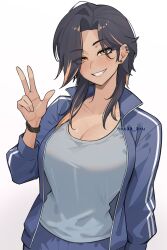 1girl absurdres black_hair blue_jacket bracelet breasts cleavage collarbone dark-skinned_female dark_skin ear_piercing grey_tank_top grin highres hotaru_(nokaa_aru) jacket jewelry large_breasts long_sleeves looking_at_viewer mole mole_under_eye nokaa_aru orange_eyes orange_hair original parted_bangs parted_lips piercing simple_background smile solo tank_top teeth track_jacket v white_background