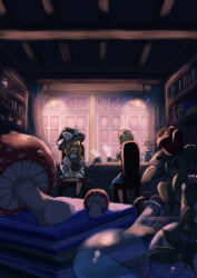 2girls alice_margatroid apron black_hat black_vest blonde_hair blue_dress blush book bow braid capelet chair commentary crossed_legs cup daia_(daia9132) dress flask flower hair_bow hat hat_bow holding holding_cup indoors kirisame_marisa long_hair messy_room multiple_girls mushroom on_chair open_mouth puffy_short_sleeves puffy_sleeves red_bow rose round-bottom_flask shelf short_sleeves side_braid single_braid sitting smile steam teapot touhou vase vest waist_apron white_bow white_capelet witch_hat yellow_eyes