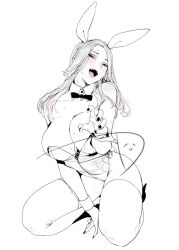 1girl :o animal_ears artist_logo blush bow bowtie breasts claw_pose cleavage commentary detached_collar fake_animal_ears goshiki_suzu greyscale hand_on_floor highres kneeling konishiya_shiyori_(goshiki_suzu) large_breasts leotard logo long_hair monochrome nail_polish open_mouth original parted_bangs playboy_bunny rabbit_ears solo spot_color strapless strapless_leotard sweat teeth thighhighs wrist_cuffs