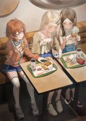 3girls absurdres blonde_hair blue_overskirt blue_skirt blush brown_hair burger camisole chicken_nuggets chinese_commentary cola collarbone commentary_request crane666 cup denim denim_shorts disposable_cup eating food french_fries gakuen_idolmaster hanami_ume hatsuboshi_gakuen_school_uniform highres holding holding_burger holding_food ice_cream idolmaster indoors kuramoto_china mcdonald&#039;s miniskirt multiple_girls orange_hair parted_bangs pleated_skirt restaurant school_uniform shinosawa_hiro shirt shoes shorts sitting skirt sneakers thighhighs tray white_camisole white_shirt white_thighhighs