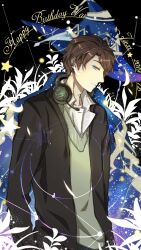 Rule 34 | 1boy, 2019, black background, black jacket, blue eyes, brown hair, character name, chinese commentary, closed mouth, collarbone, collared shirt, commentary request, constellation, cowboy shot, dated, english text, expressionless, green vest, happy birthday, headphones, headphones around neck, headset, highres, interruption (echo-023), jacket, lapels, light particles, long sleeves, looking at viewer, male focus, notched lapels, open clothes, open jacket, pointy nose, quan zhi gao shou, shirt, short hair, solo, space, star (symbol), sweater vest, swept bangs, v-neck, vest, wang jiexi, white shirt