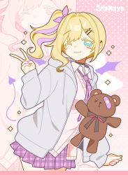 Rule 34 | 1girl, absurdres, aqua eyes, black choker, blonde hair, blush stickers, border, buttons, choker, collared shirt, colored eyelashes, cowboy shot, demon tail, demon wings, drawn tail, drawn wings, fang, grey hoodie, hair intakes, hair ornament, hair ribbon, hairclip, highres, hood, hoodie, iris black games, kurumi noah, looking at viewer, medium hair, miniskirt, multicolored hair, nail polish, necktie, one eye closed, onigiwi2namayo, parallel hairclips, pink background, pink border, pink sweater vest, plaid clothes, plaid skirt, pleated skirt, polka dot, polka dot background, purple hair, purple necktie, purple skirt, ribbon, shirt, side ponytail, skin fang, skirt, smile, solo, streaked hair, stuffed animal, stuffed toy, sweater vest, tail, teddy bear, two-tone hair, virtual youtuber, vspo!, white shirt, wings, zoom layer