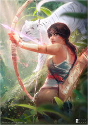 blood blue_eyes bow_(weapon) brown_hair forest from_behind jungle lara_croft nature over_shoulder plant ponytail sunlight tank_top tattoo tiger tomb_raider tomb_raider_(reboot) tree weapon white_tiger