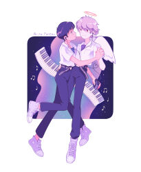 2boys absurdres akirapantsu angel artist_name belt black_pants blue_eyes blue_undershirt blush brown_belt brown_hair closed_mouth collared_shirt dancing earphones eye_contact floating grey_hair halo hand_on_another&#039;s_waist highres holding_hands ikari_shinji looking_at_another male_focus multiple_boys musical_note nagisa_kaworu neon_genesis_evangelion pants piano_keys red_eyes school_uniform shared_earphones shirt shirt_tucked_in shoes short_hair sky smile sneakers star_(sky) starry_sky tokyo-3_middle_school_uniform walkman white_shirt yaoi
