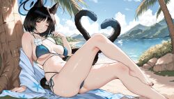 Rule 34 | 1girl, ;), absurdres, animal ears, aoi sakura (seak5545), bare shoulders, bikini, black eyes, black hair, black nails, blue archive, blue bikini, blue halo, blue sky, blush, breasts, closed mouth, cloud, collarbone, commentary request, day, foot out of frame, halo, highres, kikyou (blue archive), kikyou (swimsuit) (blue archive), large breasts, looking at viewer, mountain, multiple tails, nail polish, navel, off shoulder, official alternate costume, one eye closed, outdoors, short hair, side-tie bikini bottom, sitting, sky, smile, strap pull, swimsuit, tail, thighs, toenail polish, toenails, tree, underboob, water