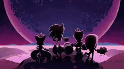 1girl 3boys absurdres amy_rose animal_ears antenna_hair backlighting boots clenched_hands dark dress evan_stanley facing_away fox_boy fox_ears fox_tail from_behind full_body full_moon furry furry_female furry_male gloves grass hammer hand_on_own_hip hands_up highres holding holding_hammer holding_weapon knee_boots knuckles_the_echidna long_hair moon mountainous_horizon multiple_boys multiple_tails night official_art outdoors shadow shoes short_dress short_hair sonic_(series) sonic_frontiers sonic_the_hedgehog spiked_gloves spiked_hair standing tail tails_(sonic) the_end_(sonic_frontiers) toy_hammer two-handed two_tails weapon