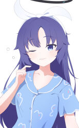 1girl absurdres black_halo blue_archive blue_pajamas blue_shirt collarbone commentary fortysansan hairband halo highres long_hair mechanical_halo one_eye_closed pajamas purple_eyes purple_hair shirt simple_background solo tears white_background white_hairband yuuka_(blue_archive) yuuka_(pajamas)_(blue_archive)