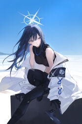 1girl absurdres armband black_shirt blue_archive blue_halo chest_harness coat colored_inner_hair expressionless gloves gun halo handgun harness highres long_hair looking_at_viewer multicolored_hair no_mask nsnnvldbrs99n off_shoulder open_clothes open_coat saori_(blue_archive) shirt sitting sleeveless sleeveless_shirt solo thigh_sheath weapon white_coat