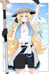 1girl absurdres alternate_costume black_gloves black_shorts blonde_hair blue_eyes blue_sky blush breasts cleavage collarbone commentary day fish fishing_line gloves hair_ornament hat highres holding holding_staff long_hair looking_at_viewer medium_breasts nort_muhehehe outdoors phoebe_(wuthering_waves) shirt shorts sky smile solo staff strap_slip tacet_mark_(wuthering_waves) tied_shirt towel towel_around_neck white_shirt wuthering_waves x_hair_ornament