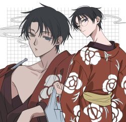 Rule 34 | 1boy, 8tkkcsghb1zmqez, absurdres, bag, black hair, blue eyes, brown eyes, closed mouth, collarbone, commentary request, curtained hair, floral print, glasses, grid background, hair behind ear, highres, holding, holding bag, holding smoking pipe, japanese clothes, kimono, kiseru, looking at viewer, looking back, male focus, multiple views, parted lips, plastic bag, print kimono, red kimono, rimless eyewear, round eyewear, single bare shoulder, smoking pipe, watanuki kimihiro, xxxholic