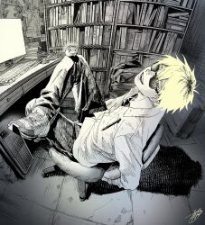 Rule 34 | 1boy, black pants, blonde hair, book, computer keyboard, desktop (computing), greyscale with colored hair, highres, hikaru ga shinda natsu, long sleeves, looking at viewer, monitor, open mouth, pants, racket, shirt, shoes, sitting, smile, sneakers, solo, sunglasses, tanaka (hikaru ga shinda natsu), white shirt, yellow eyes