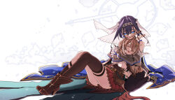 2girls ahoge ankle_boots black_pantyhose blue_cape blue_eyes blue_hair boots bow bow_earrings breaking brown_capelet brown_cloak brown_corset brown_eyes brown_hair cape capelet chain chain_headband cloak closed_eyes corset detached_sleeves earrings feather_hair_ornament feathers gloves hair_intakes hair_ornament hairclip halo head_chain highres hololive hololive_english hug jewelry kneehighs knees_up long_hair mechanical_halo multiple_girls nanashi_mumei nanashi_mumei_(1st_costume) ouro_kronii ouro_kronii_(1st_costume) pantyhose partially_fingerless_gloves ponytail ribbon_earrings single_kneehigh single_sock single_thighhigh sleeping sleeping_on_person smile socks taka_t thighhighs veil very_long_hair virtual_youtuber yuri