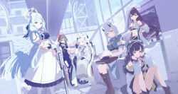 6+girls absurdres animal_ears bag black_gloves black_hair black_hoodie black_mask black_pants black_shoes black_shorts blue_archive blue_dress blue_eyes blue_hair boots brown_boots brown_eyes brown_hair demon_girl demon_horns dog_ears dog_girl dog_tail dress feathered_wings gloves goggles goggles_on_head green_eyes gun hair_between_eyes hand_on_own_cheek hand_on_own_face hat hibiki_(blue_archive) highres himari_(blue_archive) holding holding_bag holding_gun holding_weapon hood hoodie horns jacket long_hair looking_at_viewer mask mine_(blue_archive) misaki_(blue_archive) mouth_mask multiple_girls nurse nurse_cap on_floor pants pantyhose pointy_ears ponytail purple_eyes rifle sena_(blue_archive) shirt shoes short_hair shorts sidelocks sitting skirt sports_bra stomach sumire_(blue_archive) surgical_mask tail tamagore torn_clothes torn_pants twintails weapon wheelchair white_dress white_hair white_hat white_jacket white_pantyhose white_shirt white_skirt white_sports_bra wings
