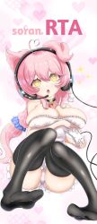 Rule 34 | 1girl, animal ears, breasts, choker, cleavage, controller, game console, game controller, headset, highres, large breasts, open mouth, panties, pink hair, sitting, solo, super famicom, super famicom gamepad, thighhighs, underwear, yellow eyes
