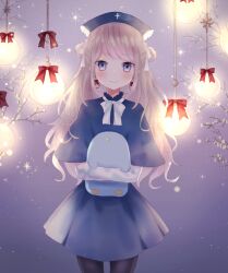 1girl animal azarashi6 bird black_pantyhose blonde_hair blue_dress blue_hat blush branch closed_mouth cross double_bun dress earrings hair_bun hair_ribbon hat highres holding holding_animal jewelry looking_at_viewer original pantyhose penguin purple_background purple_eyes ribbon smile solo white_ribbon