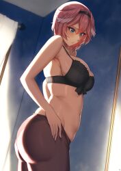 1girl absurdres belly black_bra blue_eyes bra breasts curtains drunktatsu hair_between_eyes hairband head_wings highres hololive large_breasts looking_down navel no_shirt pantyhose pink_hair short_hair solo stomach takane_lui underwear underwear_only virtual_youtuber wings