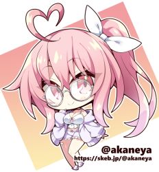 1girl ahoge akaneya bandaid_on_thigh bare_shoulders blush borrowed_character breasts camisole chibi chibi_only cleavage closed_mouth commentary_request commission full_body glasses gradient_background hair_ribbon hand_up heart heart_ahoge hood hood_down hoodie long_hair long_sleeves looking_at_viewer open_clothes open_hoodie original outline pink_hair ponytail purple_hoodie purple_shorts purple_slippers ribbon shorts skeb_commission slippers smile solo twitter_username watermark web_address white_camisole white_outline white_ribbon yellow_background