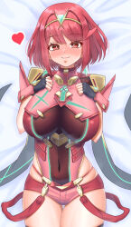 absurdres breasts chest_jewel core_crystal_(xenoblade) earrings floating_earrings headpiece highres large_breasts meipasuye navel pyra_(xenoblade) red_hair red_shorts shorts swept_bangs tiara xenoblade_chronicles_(series) xenoblade_chronicles_2