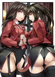 2girls ass belphegor_(umineko) black_hair black_legwear blush breasts garter_straps highres leotard long_hair looking_at_viewer lucifer_(umineko) medium_breasts multiple_girls necktie nemu_(nebusokugimi) parted_lips red_eyes school_uniform smile stakes_of_purgatory thighhighs umineko_no_naku_koro_ni