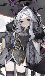 Rule 34 | 1girl, absurdres, armband, bags under eyes, black gloves, black skirt, blue archive, blush, breasts, coat, coat on shoulders, commentary request, fur-trimmed coat, fur trim, gloves, hair ornament, hair ribbon, halo, highres, hina (blue archive), hisha (kan moko), horns, jacket, long hair, long sleeves, looking at viewer, multiple horns, purple eyes, red armband, ribbon, simple background, skirt, solo, thighhighs, very long hair, white hair