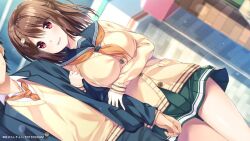 1boy 1girl aibeya arm_at_side breasts brown_hair cardigan collared_shirt couple dutch_angle faceless faceless_male from_below green_skirt hair_ornament hairclip hayami_aki hetero jacket kazama_kouta large_breasts light_blush locked_arms long_sleeves looking_at_another miniskirt neckerchief necktie official_art open_clothes open_jacket orange_neckerchief orange_necktie oryo_(oryo04) out_of_frame outdoors pants pleated_skirt red_eyes school_uniform serafuku shirt skirt small_sweatdrop smile solo_focus thigh_gap white_shirt wing_collar