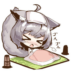 &gt;_&lt; 1girl :o ahoge animal_ears blush chibi closed_eyes female_focus fox_ears fox_girl fox_tail futon grey_hair long_sleeves nose_blush open_mouth original sick solo tail translation_request under_covers white_background yuuji_(yukimimi)