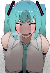 1girl aqua_hair armband black_armband blue_hair blush breasts breath detached_sleeves from_above furrowed_brow half-closed_eyes hatsune_miku heart heart-shaped_pupils large_breasts long_hair looking_at_penis looking_at_viewer looking_up necktie ohasi open_mouth penis_awe penis_shadow pink_pupils smile solo sweat symbol-shaped_pupils twintails upper_body very_long_hair vocaloid