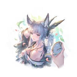 1girl animal_ears bare_shoulders braid djeeta_(granblue_fantasy) erune granblue_fantasy green_eyes hand_in_own_hair holding holding_mirror korwa_(yukata)_(granblue_fantasy) looking_at_viewer mirror official_art pov shoulder_blades sidelocks smile teeth white_hair
