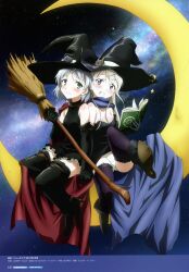 2girls alternate_costume artist_request black_gloves black_thighhighs book boots broom eila_ilmatar_juutilainen elbow_gloves galaxy gloves hat highres holding holding_broom holding_hands looking_at_another moon multiple_girls official_art outdoors panties sanya_v._litvyak sitting star_(sky) strike_witches thighhighs underwear white_panties witch witch_hat world_witches_series yuri