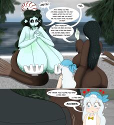 Rule 34 | 3girls, beach, black hair, black sclera, blush, breasts, colored sclera, huge breasts, long hair, looking at breasts, looking at viewer, looking back, monster girl, multiple girls, open mouth, original, speech bubble, surprised, touhoufan
