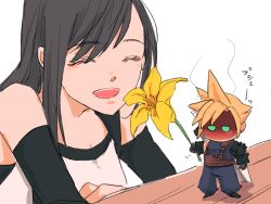 1boy 1girl armor astro_bot astro_bot_(series) averting_eyes bare_shoulders black_gloves black_hair blonde_hair blue_eyes blush buster_sword closed_eyes cloud_strife cloud_strife_(cosplay) commentary_request cosplay elbow_gloves facing_another final_fantasy final_fantasy_vii final_fantasy_vii_remake flower gloves head_steam holding holding_flower litter7th long_hair loose_socks mini_person miniboy open_mouth shoulder_armor smile socks spiked_hair standing suspenders sword sword_on_back tank_top tifa_lockhart upper_body weapon weapon_on_back white_background white_tank_top yellow_flower