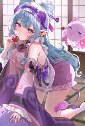 Rule 34 | 1girl, apron, bell, blue hair, bow, detached sleeves, frilled hairband, frilled skirt, frills, genshin impact, hairband, heart, highres, holding, holding heart, indoors, japanese clothes, kametaro uu, kimono, light blush, long hair, looking at viewer, neck bell, pink skirt, pointy ears, purple bow, purple eyes, purple kimono, purple nails, shouji, skirt, sleeveless, sleeveless kimono, sliding doors, solo, tail, tapir tail, tatami, very long hair, vision (genshin impact), waist apron, white apron, wide sleeves, yumemizuki mizuki