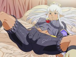 00s 1futa bed blush breasts bulge covered_erect_nipples dagashiya elf elvaan final_fantasy final_fantasy_xi flaccid full-package_futanari futanari grey_hair highres impossible_clothes impossible_shirt indoors jacket konbuni large_breasts large_penis long_hair long_sleeves lying on_back on_bed open_clothes open_jacket open_mouth penis pillow pointy_ears prishe shirt short_sleeves shorts skin_tight solo spread_legs testicles tight_clothes