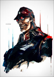 angry artist_name bask_om clenched_teeth commentary_request goggles gradient_background gundam gundam_gquuuuuux k-suwabe military_rank_insignia military_uniform realistic science_fiction signature teeth titans_(gundam) zeta_gundam zeta_gundam_define