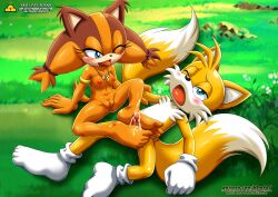 1boy 1girl absurdres badger barefoot bbmbbf blonde_hair blue_eyes brown_fur brown_hair cum ejaculation feet footjob fox furry furry_with_furry gloves gold_level handsfree_ejaculation hetero highres kodomo_doushi mobius_unleashed multiple_tails nude orange_fur orange_hair palcomix penis perineum pussy sega smile socks soles sonic_(series) sonic_boom_(series) sticks_the_badger tail tails_(sonic) tails_the_fox toe_socks toes tongue tongue_out two_tails yellow_fur