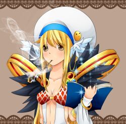 Rule 34 | 1girl, argyle clothes, argyle dress, bangle, blonde hair, blush, book, bracelet, breasts, brown background, brown eyes, cleavage, closed mouth, commentary request, detached sleeves, dress, expressionless, feathered wings, hat, head wings, holding, holding book, jewelry, kiseru, long hair, looking at viewer, medium breasts, meiko (nattu303), open book, ragnarok online, sleeveless, sleeveless dress, smoking, smoking pipe, solo, sorcerer (ragnarok online), tam (ragnarok online), upper body, white dress, white hat, white sleeves, white wings, wings