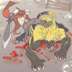 1boy animal battle behemoth blood capcom coat company_connection crossover dante_(devil_may_cry) devil_may_cry devil_may_cry_(series) devil_may_cry_3 dual_wielding fingerless_gloves from_above gloves gun handgun holding horns ivory_(devil_may_cry) looking_down looking_up m1911 male_focus midair monster_hunter_(series) muscular noname_(nowhere) rajang rebellion_(sword) red_eyes sharp_teeth solo sword teeth topless_male trench_coat weapon white_hair