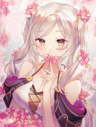 1girl aprahnicus bare_shoulders blush breasts brown_eyes cleavage collarbone commentary dress female_robin_(fire_emblem) female_robin_(valentine)_(fire_emblem) fire_emblem fire_emblem_awakening fire_emblem_heroes flower hair_flower hair_ornament hand_up highres holding holding_flower long_hair looking_at_viewer medium_breasts nintendo official_alternate_costume sidelocks solo symbol-only_commentary twintails white_hair